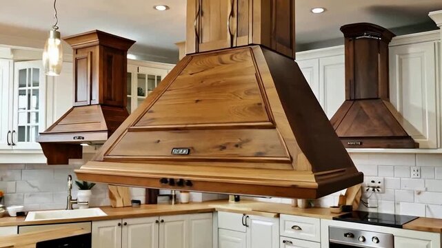 Large wooden kitchen range hood above a kitchen island with white cabinets and a white marble backsplash in a modern kitchen.