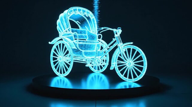 Futuristic glowing wireframe rickshaw displayed as a holographic projection