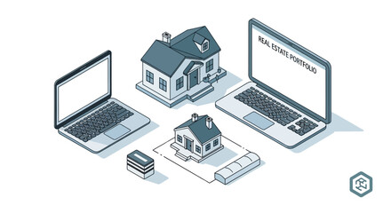 Isometric illustration of real estate investment and portfolio management with laptops and houses.