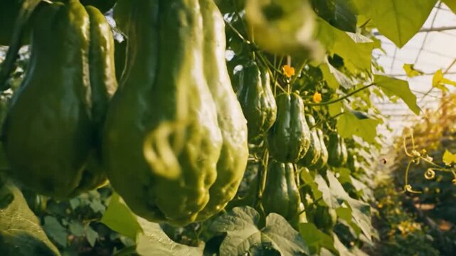 Rows of green chayote plants growing inside a modern greenhouse