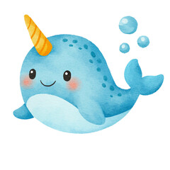 Watercolor illustration of a cute blue baby narwhal with a golden horn. Adorable sea creature clipart for nursery decor and ocean themes. Isolated on white background. © Pompom