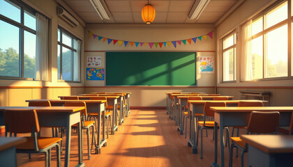 Empty classroom with wooden desks and chairs arranged in rows. Green blackboard on wall, colorful flags overhead. Sunlight streams through large windows creating warm light.