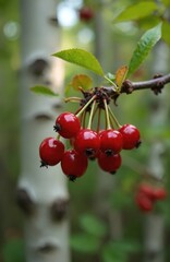Fototapeta premium Cluster of bright red cherry berries hangs on thin branches. Green leaves and blurred aspen tree trunk in background. Soft focus natural light creates gentle bokeh effect on flora.