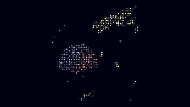 Fiji map animation. Shape of the country with pulsating colored dots. Small size circle blocks. Digital style Fiji map on dark background. Trending video.