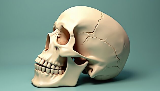 Side view of human skull model angled right. Light beige bone shows mouth open, teeth, and surface texture with cracks on teal background. Realistic medical anatomy render.