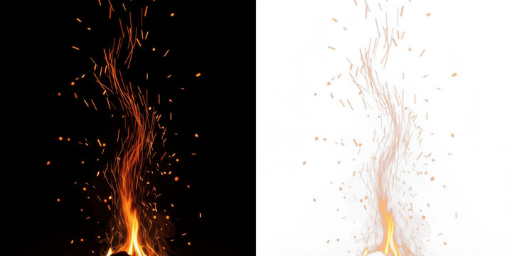 Flying fire sparks isolated on black background, glowing ember particles, welding spark shower, burning metal sparks, fire spark trail effect for combustion and industrial energy visuals