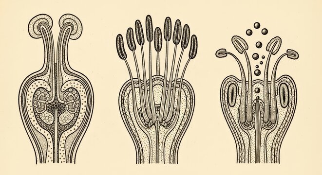 Vintage engraving of plant anatomy cross section. Botanical illustration showing flower structure and pollination process. Scientific educational diagram for biology research reference.