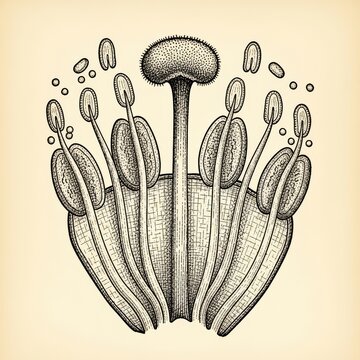 Vintage engraving of flower anatomy showing stamen and pistil structure. Botanical illustration of plant reproduction system. Scientific diagram for educational biology publication.