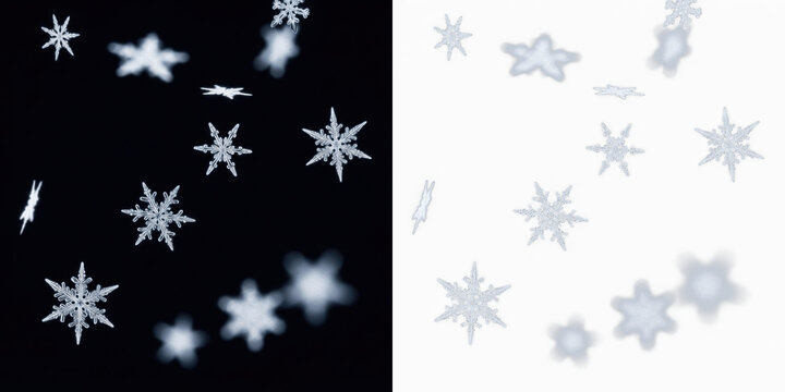 Falling snowflakes isolated on black background, winter snowfall crystal particles, frozen ice snowflake shower, cold weather snow fall effect for seasonal and holiday design