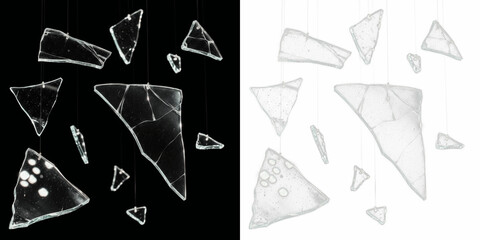 Transparent glass shards floating isolated on black background, shattered glass fragments suspended in air, broken glass pieces scatter effect for impact, destruction and crash visuals