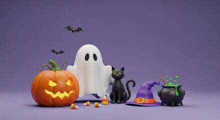 Playful Halloween Scene with Ghost, Pumpkin, Cats, and Witch Hat