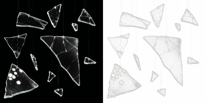 Transparent glass shards floating isolated on black background, shattered glass fragments suspended in air, broken glass pieces scatter effect for impact, destruction and crash visuals