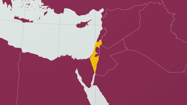 Israel map. Animated zoom into the country on the Globe in Pale Mint Dark Pink color palette. Country logo animation with round text and airplanes. Map with meridians, parallels. Artistic video.