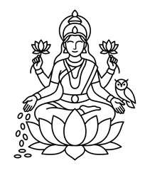 Goddess Lakshmi Vector Line Art with Owl and Gold Coins Sitting on Lotus for Diwali Festival Coloring Book Page Outline