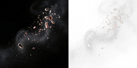 Floating ash particles isolated on black background, burnt ash dust drifting in air, combustion residue particles, fire ash debris overlay element for smoke, fire and destruction visuals © Margary