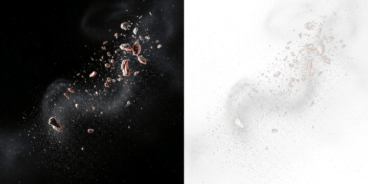 Floating ash particles isolated on black background, burnt ash dust drifting in air, combustion residue particles, fire ash debris overlay element for smoke, fire and destruction visuals
