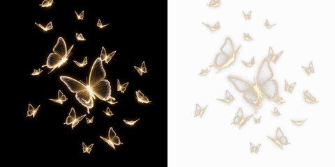 Floating luminous butterflies silhouette isolated on black background, glowing butterfly outlines in flight, magical light butterflies effect for fantasy, nature, and mystical design visuals © Margary