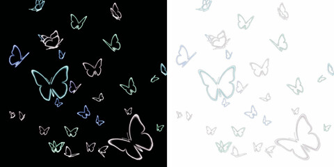 Floating luminous butterflies silhouette isolated on black background, glowing butterfly outlines in flight, magical light butterflies effect for fantasy, nature, and mystical design visuals © Margary