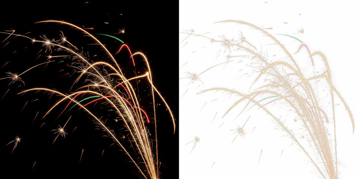 Firework spark trails isolated on black background, sparkling firework streaks, festive fireworks particle trails, glowing pyrotechnic spark effect for celebration and event design visuals