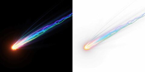 Glowing comet trail isolated on black background, bright comet streak, luminous shooting star trail, cosmic light streak effect, glowing meteor path for space and astronomy visuals © Margary