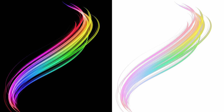 Colorful light streak curve isolated on black background, glowing neon light trails, rainbow curved streaks, dynamic flowing light lines, abstract vibrant light effect for motion graphics and futurist