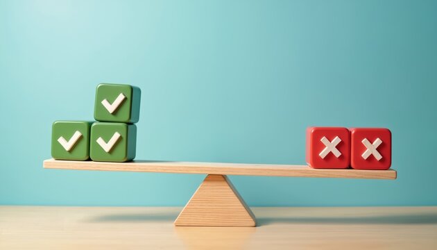 Green cubes with check marks outweigh red cubes with crosses on a wooden seesaw. Represents choices comparison and decision making process. Weighing options. Good vs bad outcome. Right vs wrong.