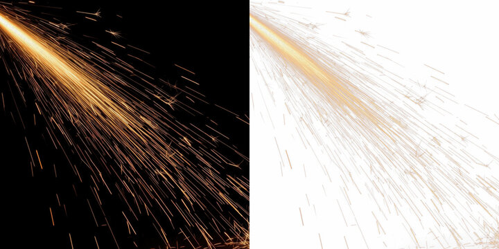 Shiny metallic spark shower isolated on black background, glowing metal sparks cascade, sparkling glitter particles, metallic spark burst effect for festive, celebration, and abstract visuals