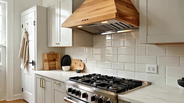 Modern kitchen interior with stainless steel gas stove, wooden range hood, and white cabinets against a white subway tile backsplash.