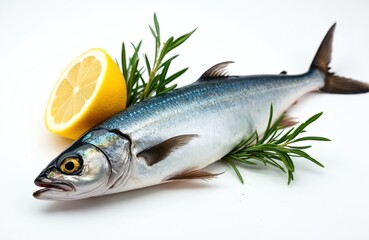 Whole raw mackerel fish rests on white surface near bright lemon wedge, fresh rosemary sprigs. Seafood ingredient for healthy meal preparation. Macro detail of uncooked aquatic creature scales, fins.