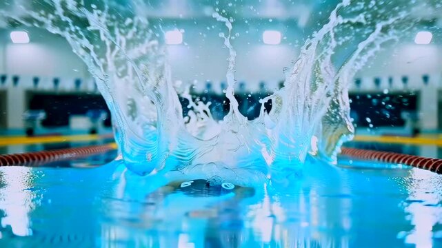 Competitive swimmer diving into pool, streamlined entry and explosive splash goggles and cap, lane ropes and starting block visible, indoor aquatic center lighting, fast motion and water