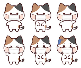 マスクをした三毛猫セット