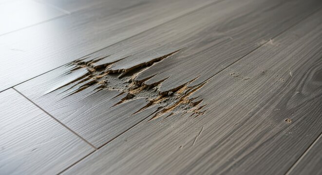 Severely damaged gray wood flooring shows chipped surface layer and exposed core material