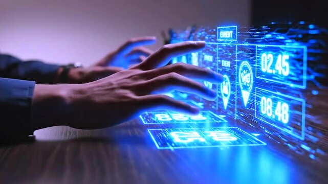 futuristic desk hands interacting holographic interface with blue neon data panels, time stamps, security icons, gesture controls and realtime analytics in dim workspace