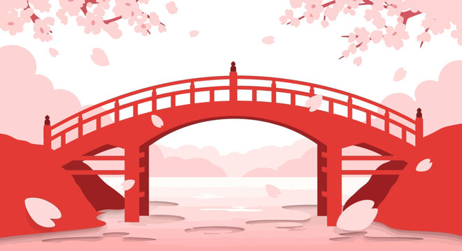 Red Japanese Bridge Cherry Blossoms Falling