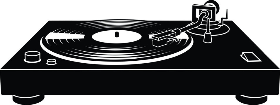 Vintage vinyl record player turntable silhouette, retro music equipment vector illustration, minimalist audio analog sound device, classic DJ gramophone