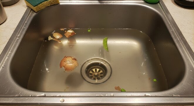 Kitchen sink basin fills with water containing food scraps after meal preparation
