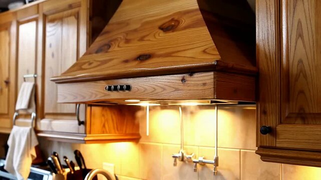 Close-up view of a wooden kitchen range hood with cabinets and countertops in a warm, rustic setting.