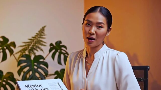 mentor signing guidebook at desk, warm lighting and indoor plants, white blouse, pen tracing pages, closeup hands and smiling face, calm confident presentation, portfolio review and note