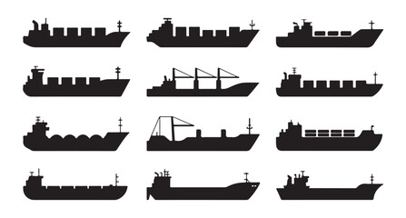 Set of ship and cargo vessel icons black silhouettes isolated on white background for shipping industry © MDABDUR