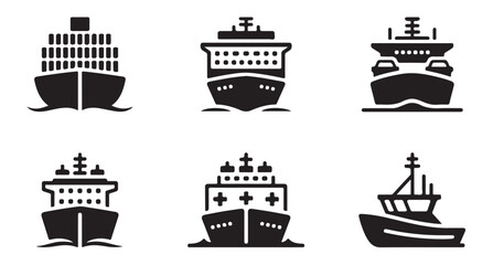 Set of various black cargo ships and cruise liners front view icons on white background © MDABDUR