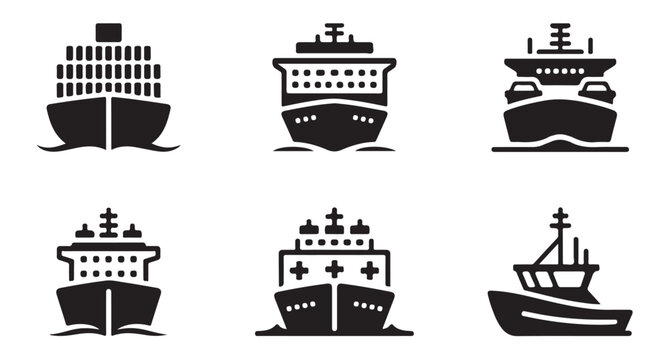 Set of various black cargo ships and cruise liners front view icons on white background