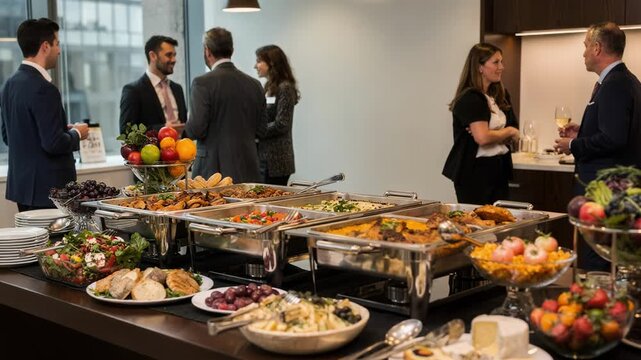 Medium shot capturing a law firms sophisticated buffet spread with stylish hot dishes and fresh cold options attendees in formal attire softly blurred in the office background.