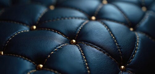 Fototapeta premium Deep navy blue quilted leather close-up shows diamond stitching and gold buttons. Elegant material forms a luxurious, plush background with rich texture suitable for premium interiors.