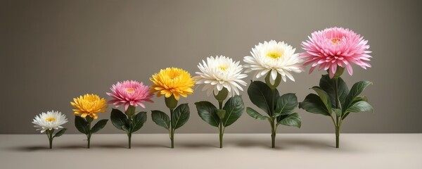 Obraz premium Sequence of blooming flowers shows progress and growth stages. Small buds develop into large colourful blossoms, symbolizing development and success. The vibrant array represents change and evolution.