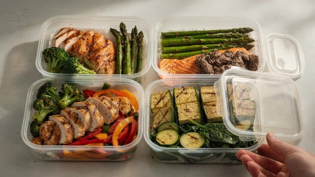 Lowcarb meal prep subscription packaging displayed in clear containers focus on proteinrich dishes and vegetables background out of focus to highlight healthy choices.