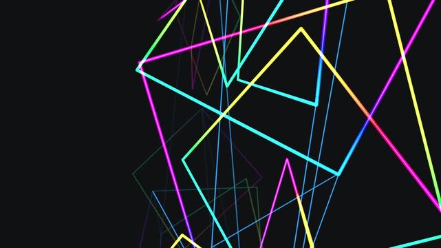 A dynamic, close-up perspective of neon geometric frames flying through a dark space, featuring glowing edges and intersecting colorful lines.