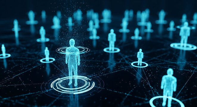 Customer Relationship Management systems represented by glowing network of people icons. System manages customer data using AI, automation. Connect clients, enhance relationships using digital