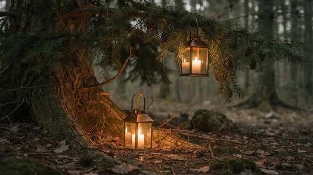 Medium shot capturing a dense woodland corner decorated with evergreen garlands and lanterns the textured bark and decorations sharply defined while distant forest trees fade out