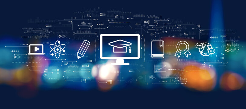 E-learning concept with blurred city at night