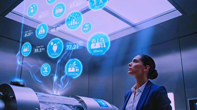 Innovative scientist explores digital diagnostics equipment, Scientist in hightech laboratory interacts with virtual holographic screens amidst advanced scientific instruments